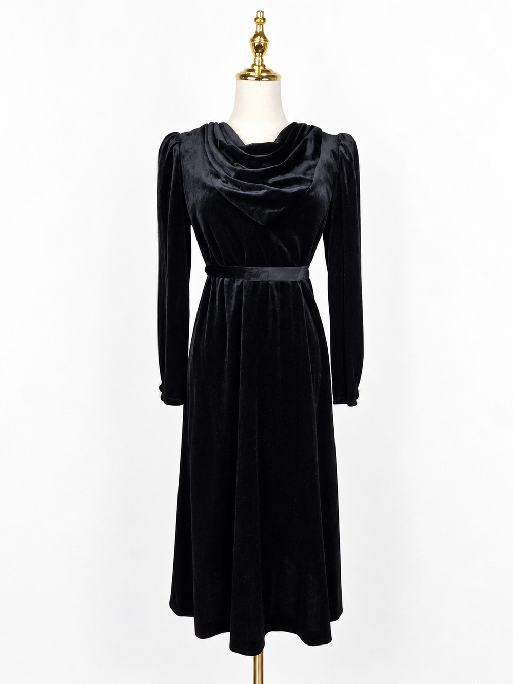 Vintage 80s Black Velvet Whimsigoth Goth Cowl Neck Dark Romantic Midi Dress Sz M